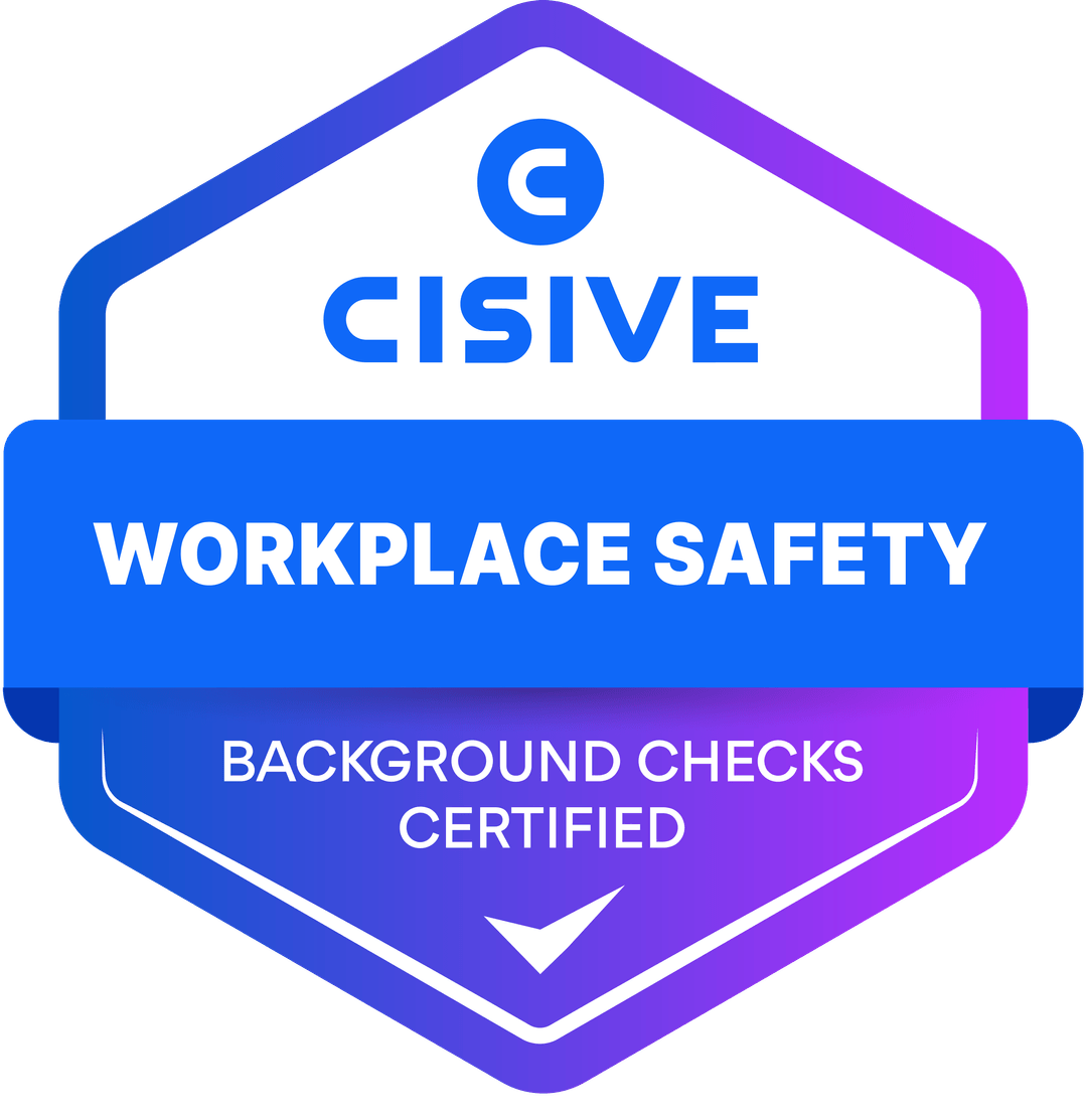 A blue and purple hexagonal badge logo featuring the Cisive logo and text reading "Workplace Safety" and
  "Background Checks Certified" with a checkmark